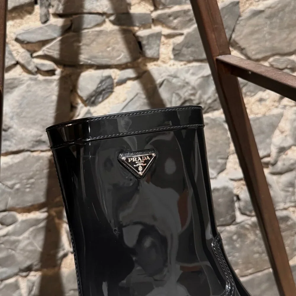 Prada Black Enamel Triangle Mid-Calf Rain Boots - Picture 14 of 14